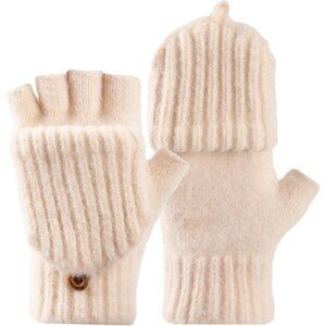 Women's Winter Warm Mittens Knitted Beige Gloves Fingerless Button Closure